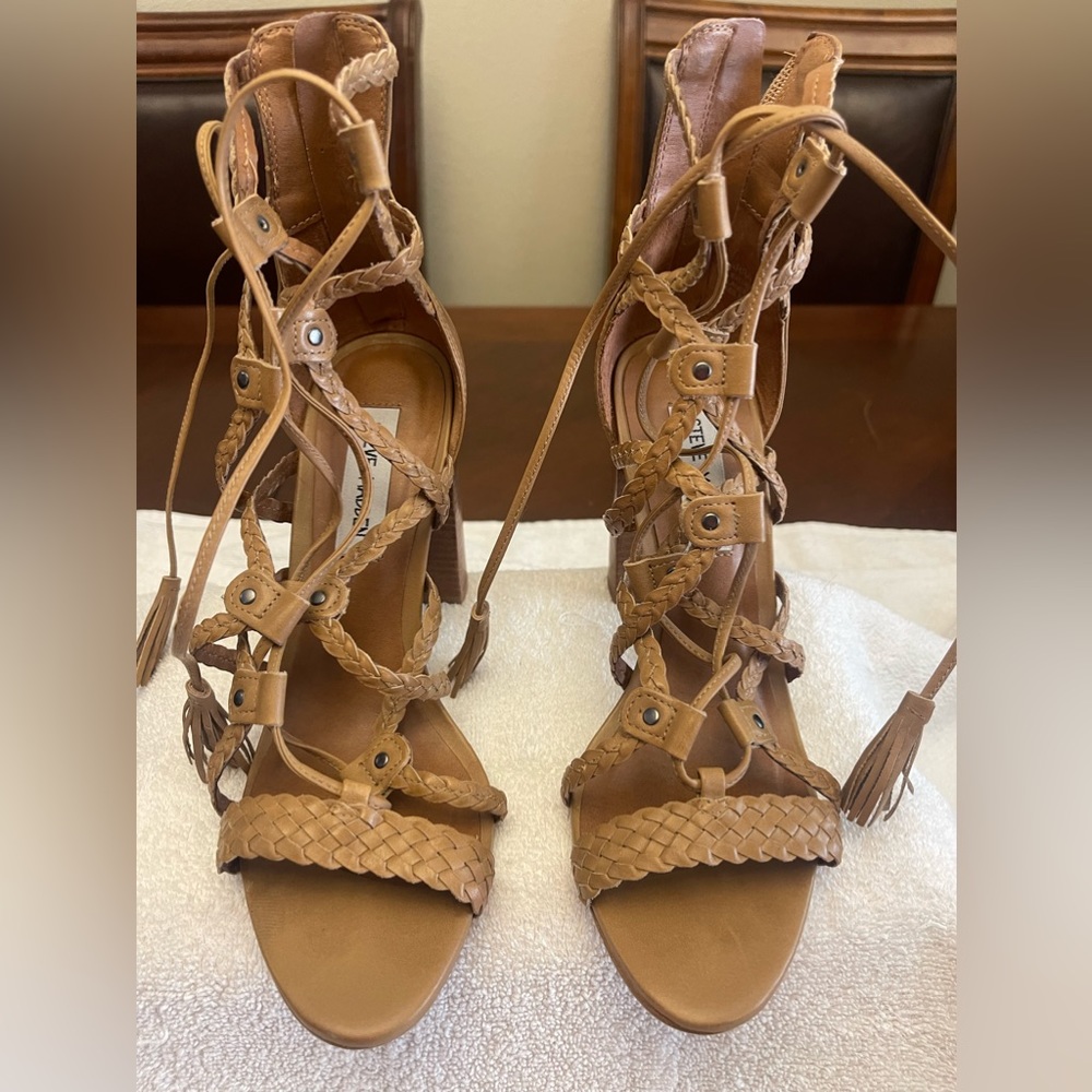 Steve Madden Brown Leather Gladiator Braided Sandals Chunky Heels Womens Sz 7.5M